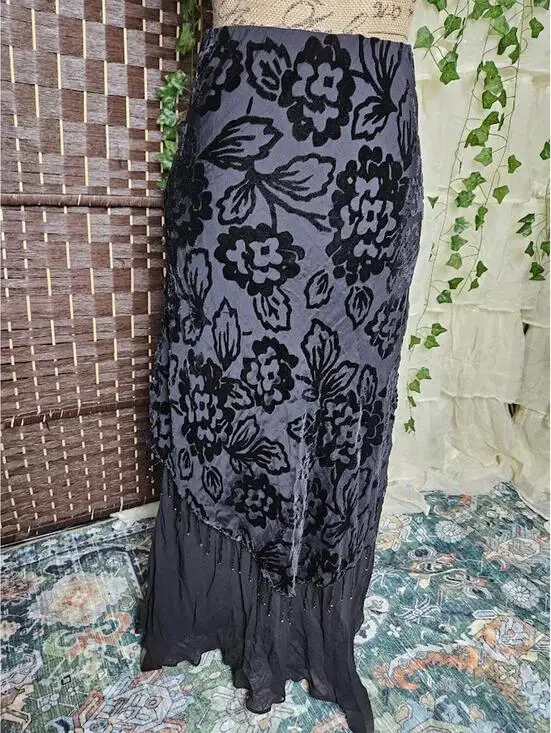 Y2K Black Floral Beaded Maxi Skirt Pave by Eva Blue Whimsigoth Gothic Fairy - Picture 4 of 7